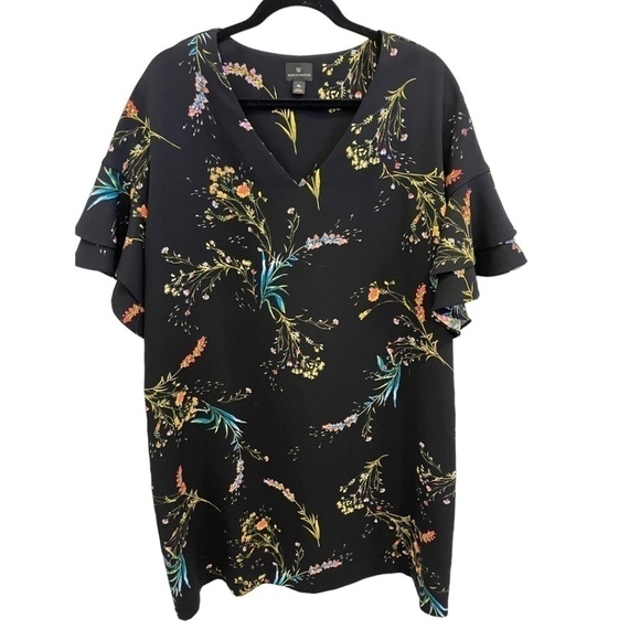 𝅺worthington Womens Black Floral Print Ruffle Sleeve V Neck Dress Size XL - Picture 1 of 3